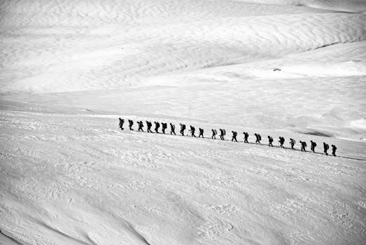 Silhouetted group hiking across a vast snowy landscape showcasing adventure and endurance.